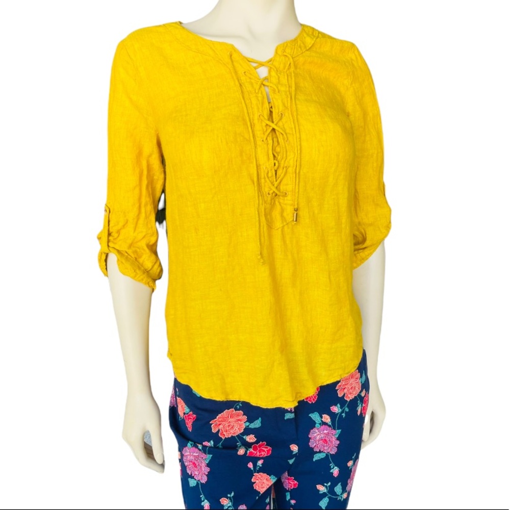 ⛔️SOLD⛔️Anthropologie Maeve Top Linen Lace Up Blouse High Low Yellow Women’s Top - Picture 3 of 7